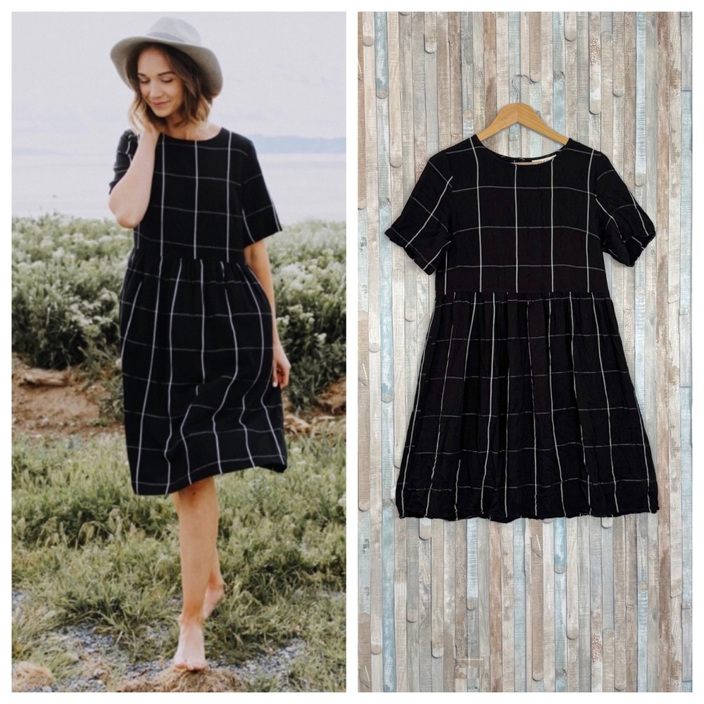 Piper & Scoot Black White Grid Windowpane Print Babydoll Midi Dress S Modest
